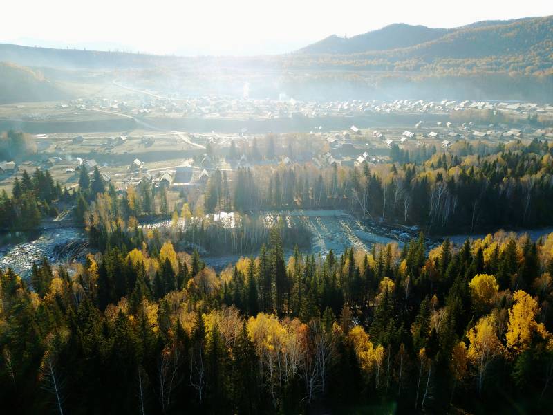 禾木秋日山林晨景图片