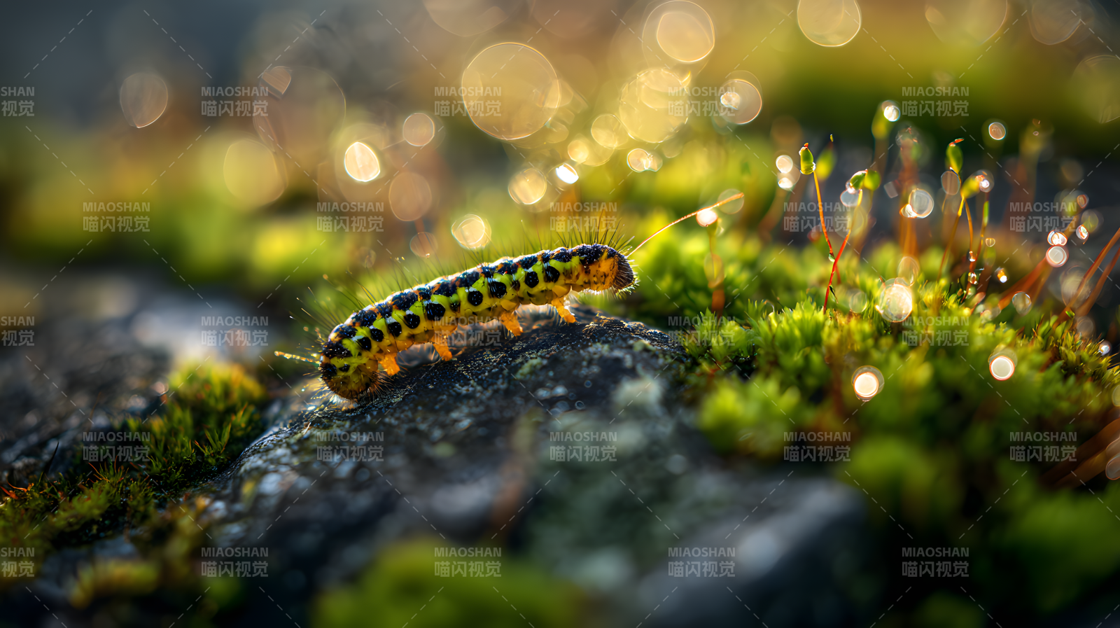 斑斓毛虫爬行于青苔图片