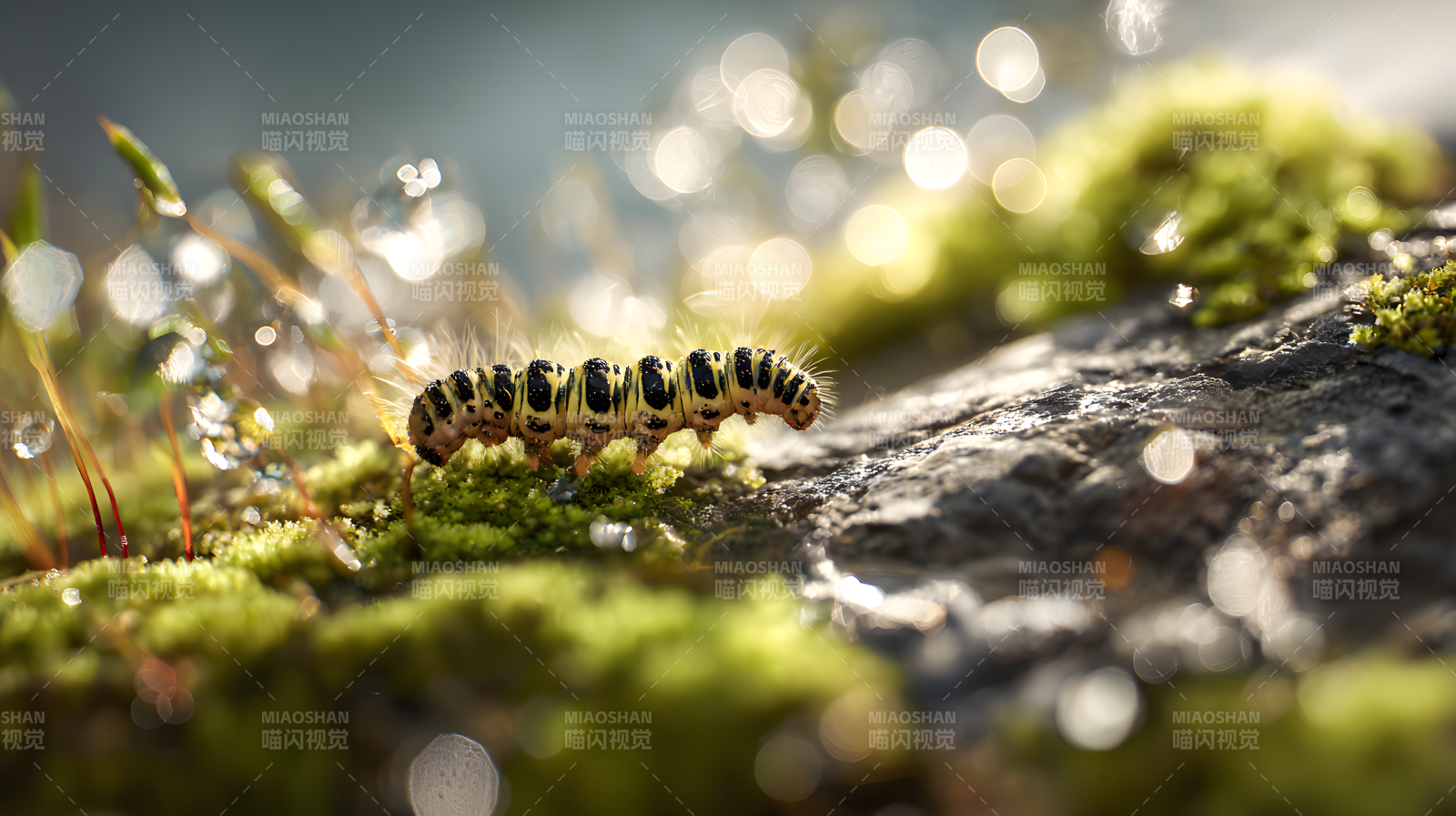 毛毛虫爬行于青苔图片