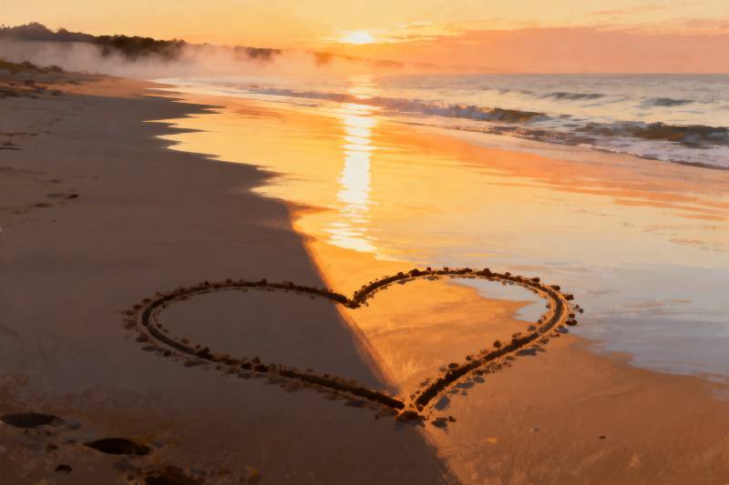 沙滩心形日落图片
