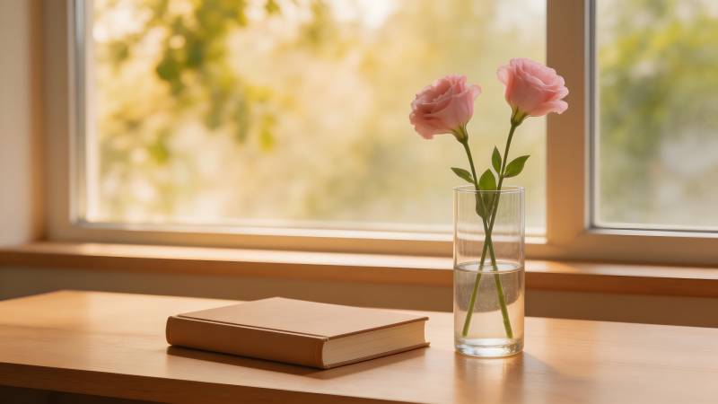 窗边花书静谧时光图片