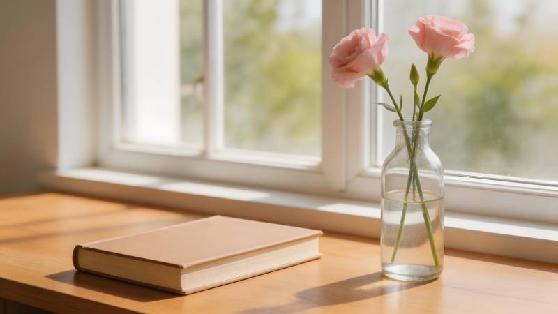 窗边花与书图片