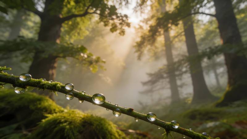 晨雾森林露珠图片