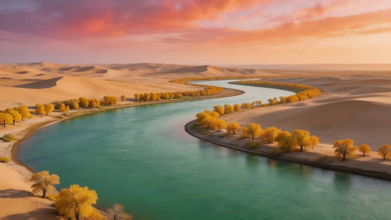 沙漠绿洲夕阳图片