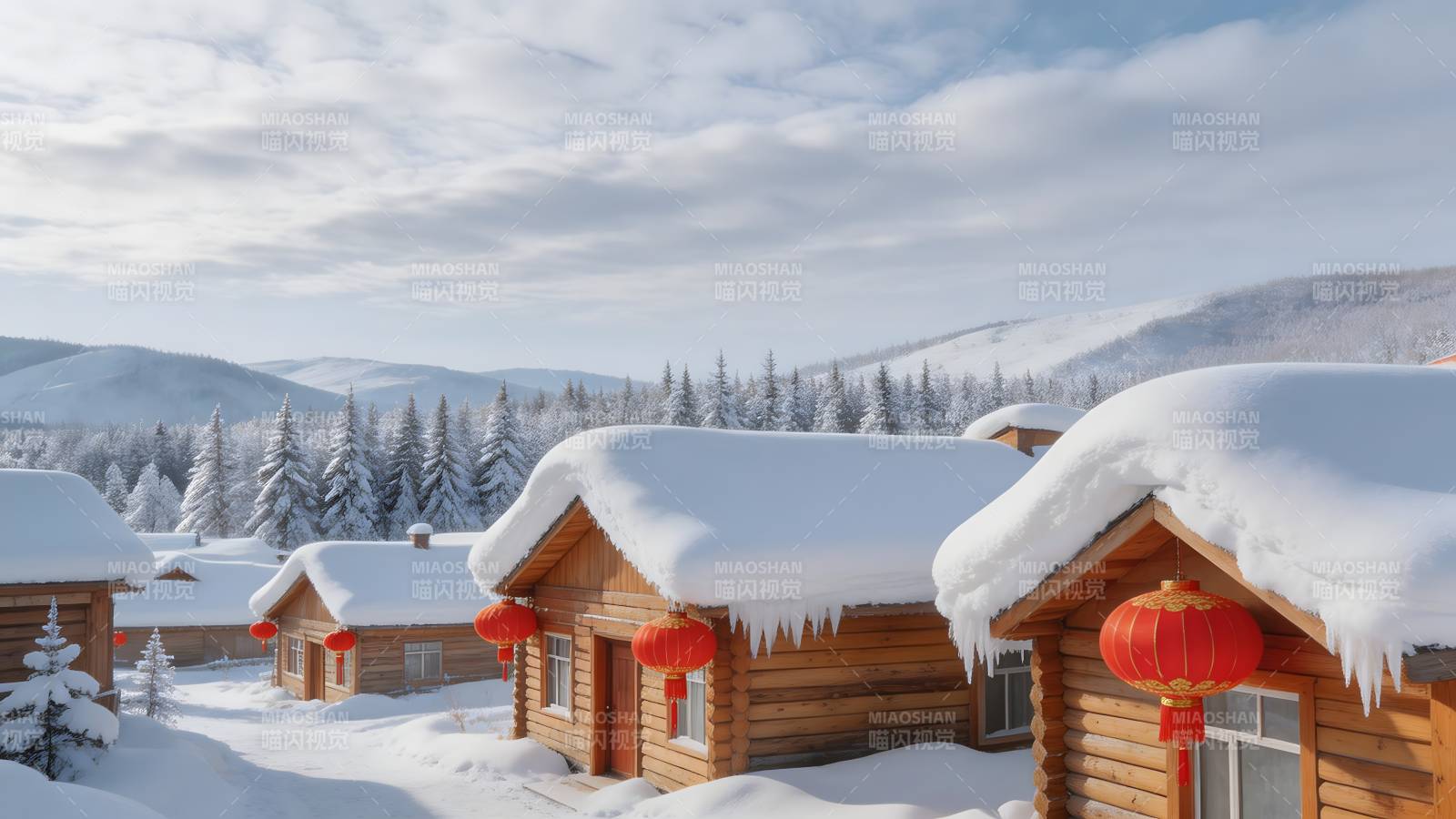 雪乡木屋红灯笼图片