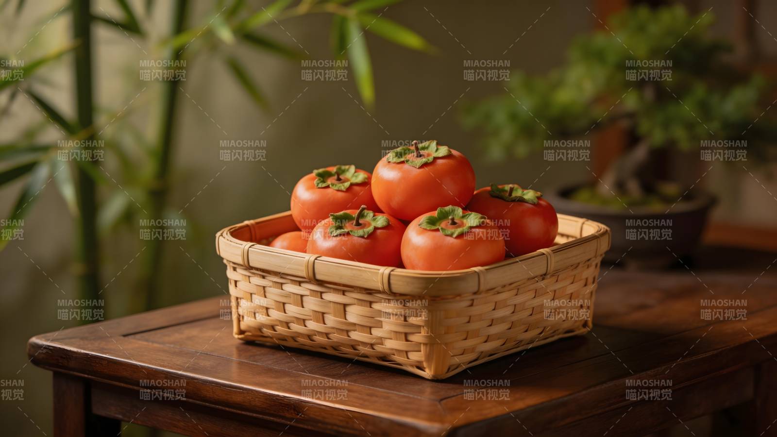 篮中柿子红艳艳图片