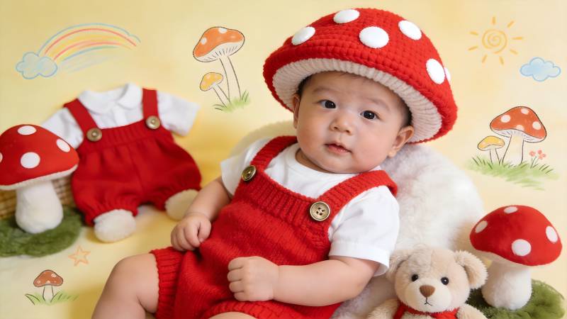 萌宝穿红菇帽图片