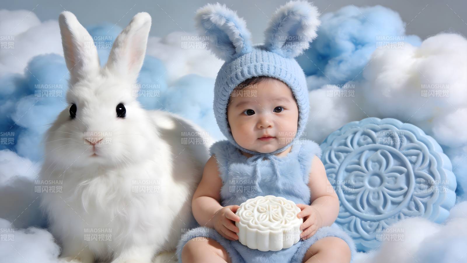 萌宝与兔共度时光图片