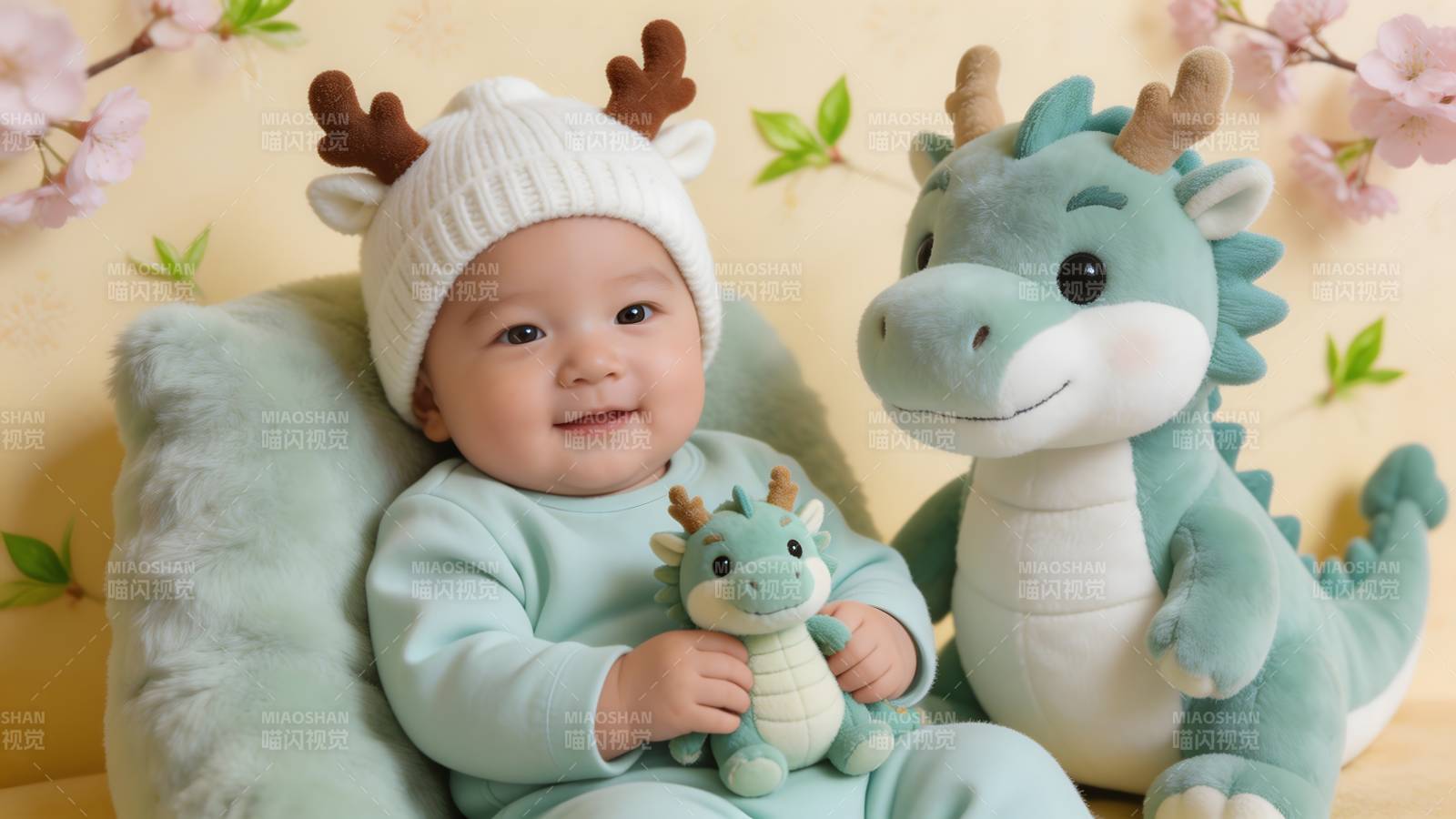 萌宝与龙玩偶合影图片