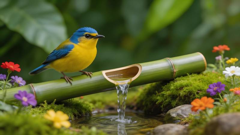 竹流鸟语花香图片