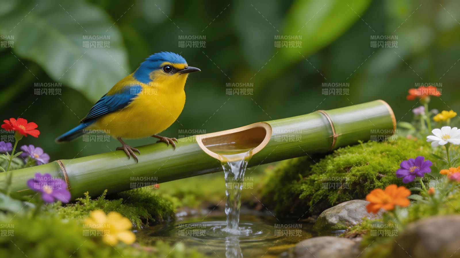 竹流鸟语花香图片