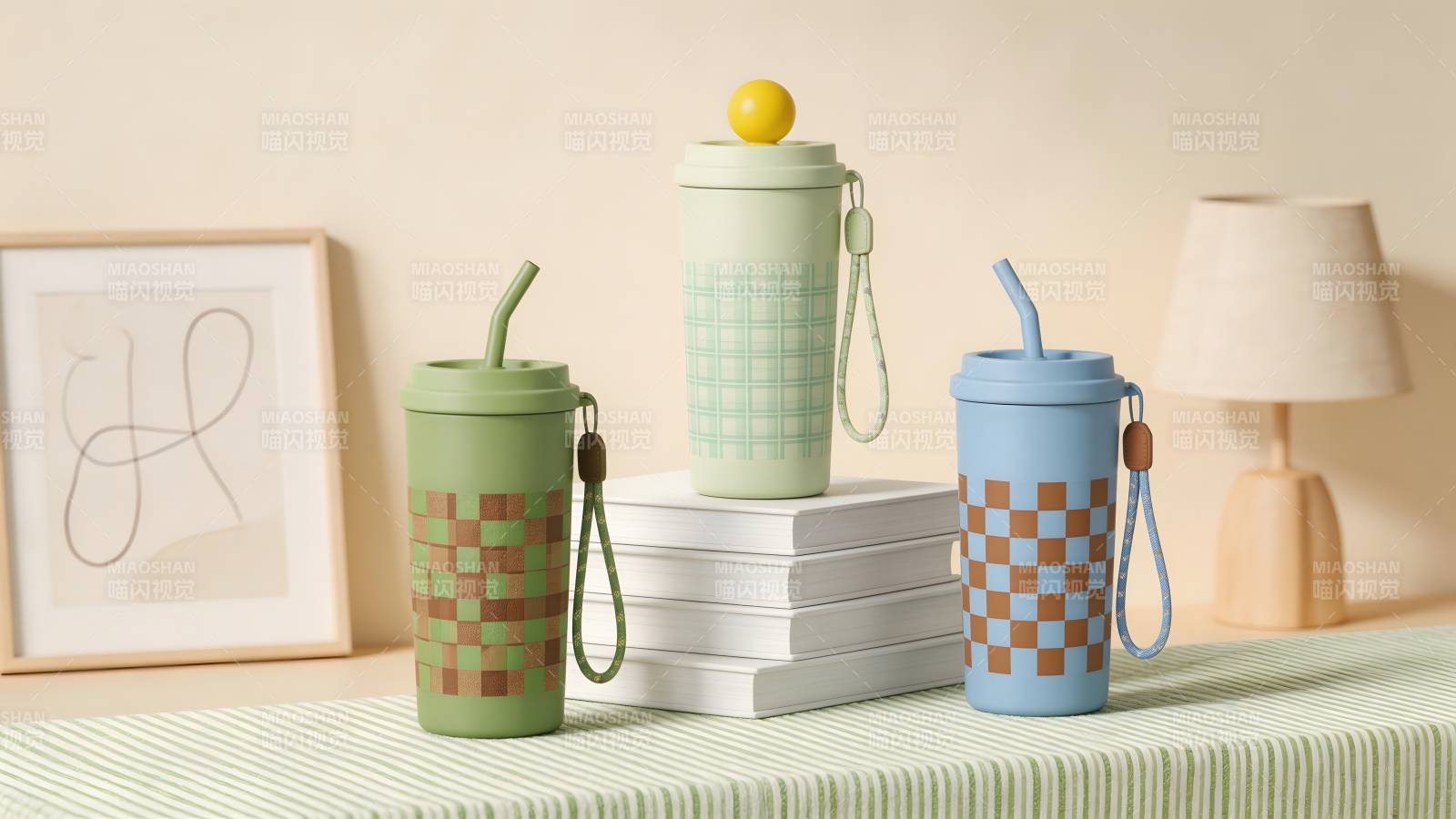 格纹便携水杯图片