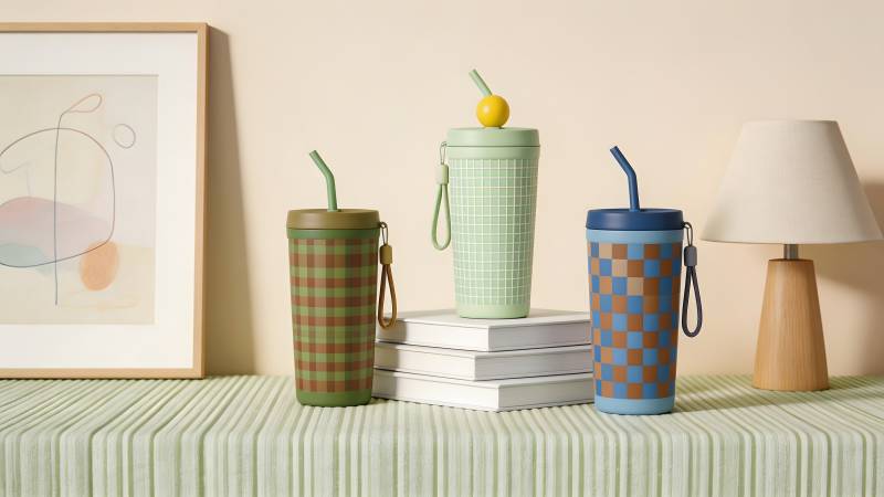 三色格纹杯具摆设图片