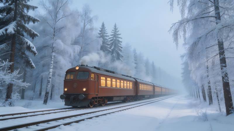 雪林中的红色列车图片