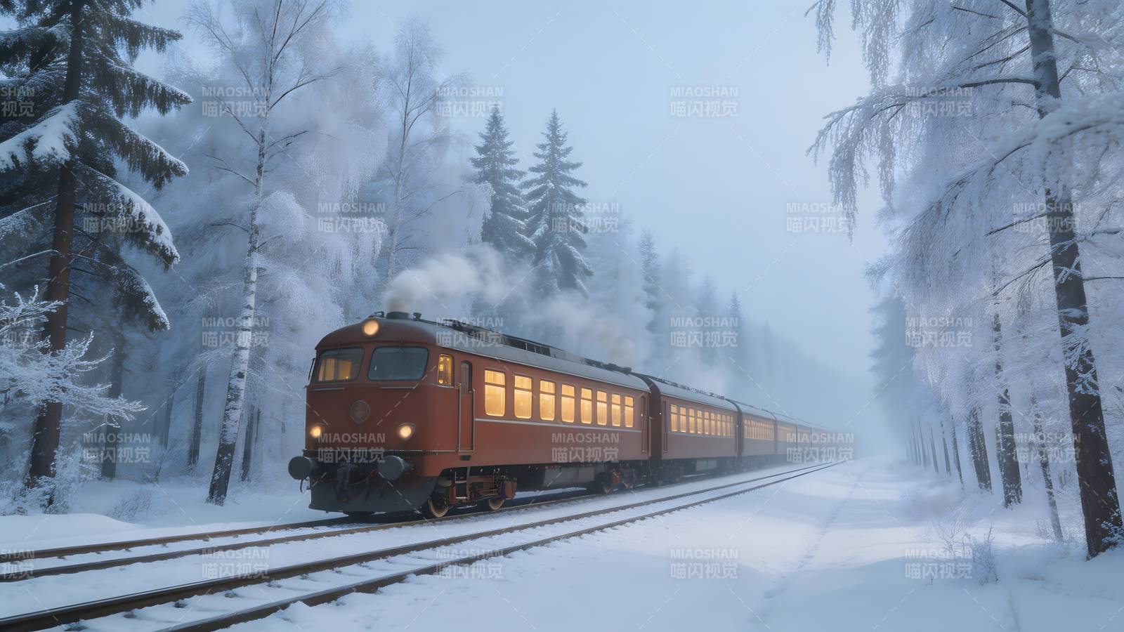 雪林中的红色列车图片
