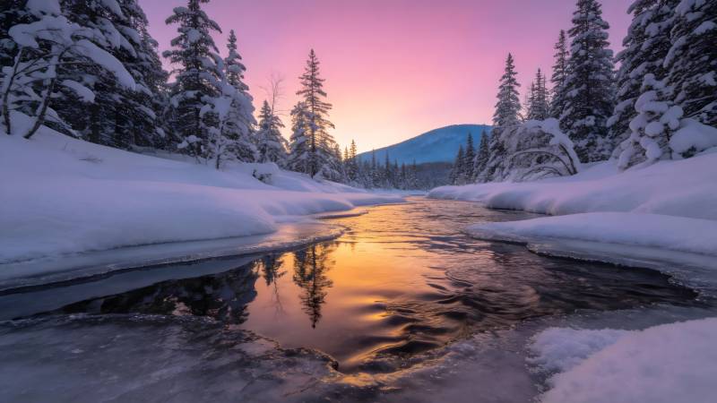 雪溪映霞光图片