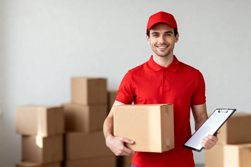 快递员微笑送包裹图片