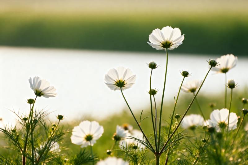 湖畔野花绽放图片