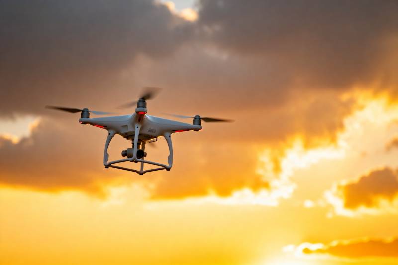 无人机翱翔夕阳中图片