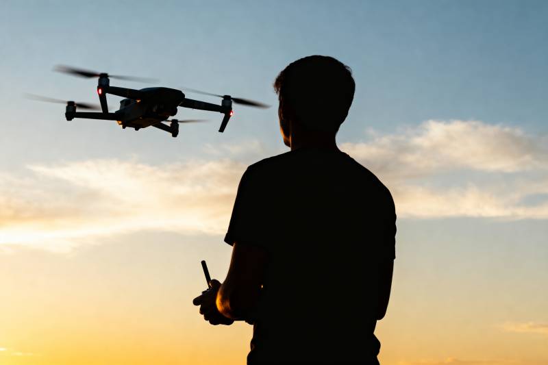 夕阳下操控无人机图片