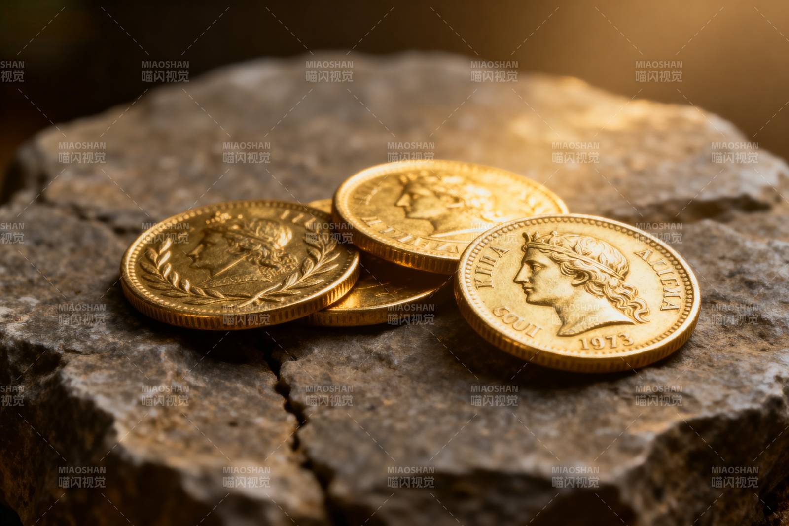 金币静置岩石上图片