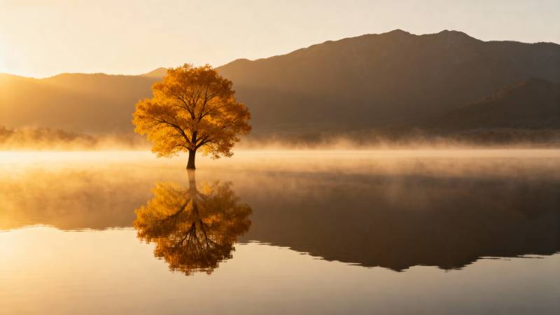 秋树映湖 雾绕山间图片