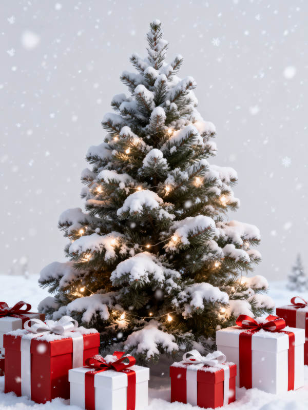 雪中圣诞树与礼物图片