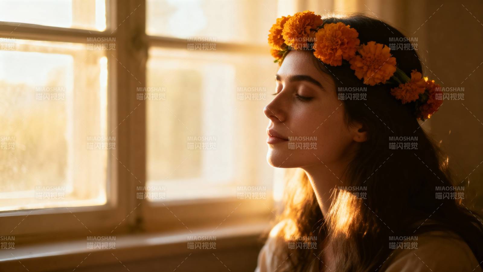 窗边花环少女图片