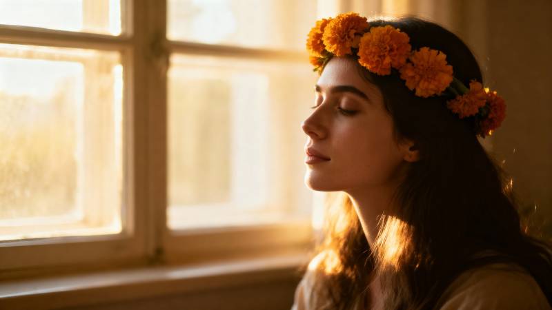 窗边花环少女图片