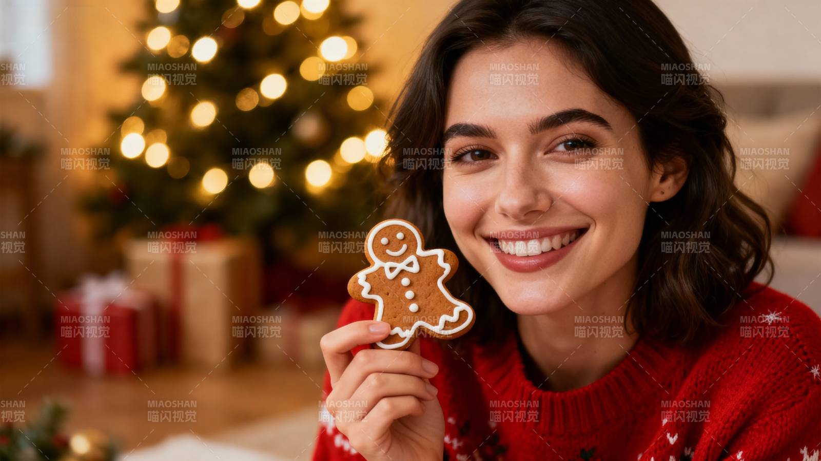 圣诞女孩笑捧姜饼人图片