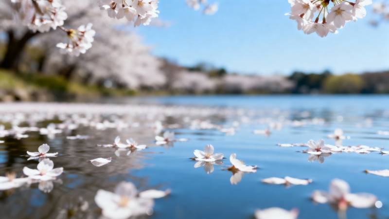 樱花飘落水面图片