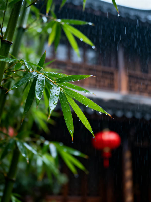 雨中竹叶红灯影图片