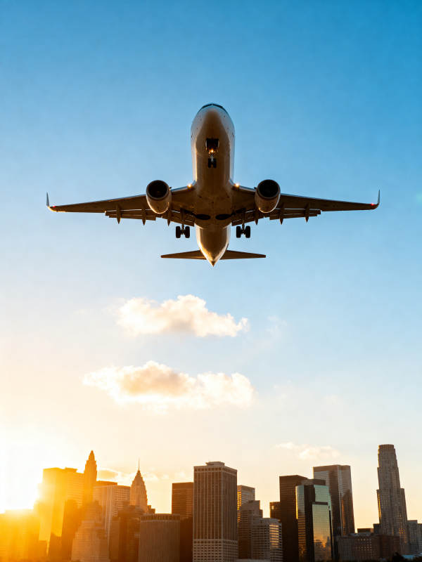 飞机飞越城市天际线图片