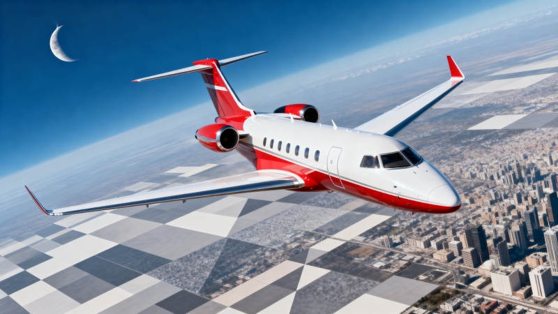 红白私人飞机翱翔城市上空图片