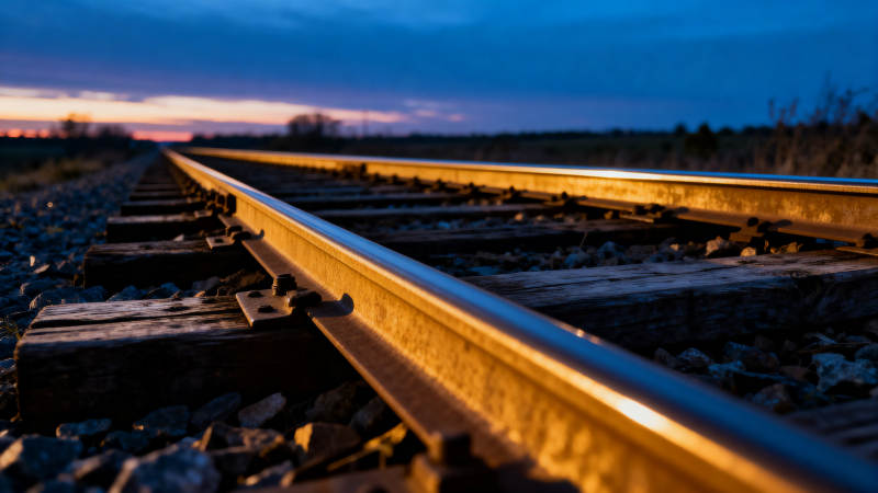 铁轨延伸至暮色图片