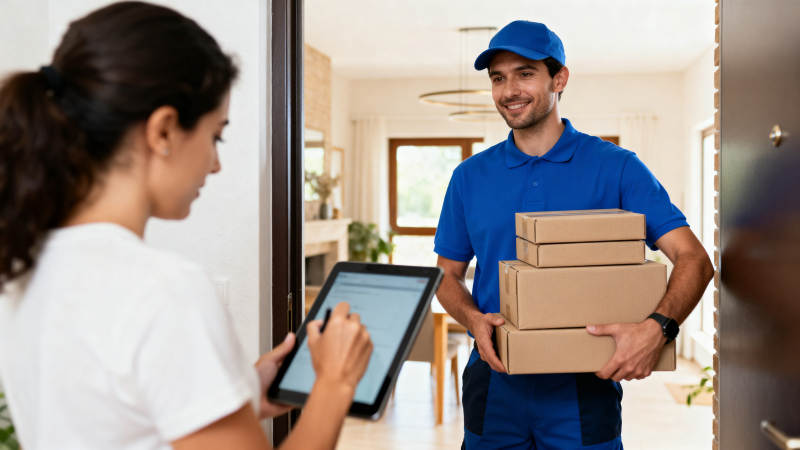 快递员送货上门图片