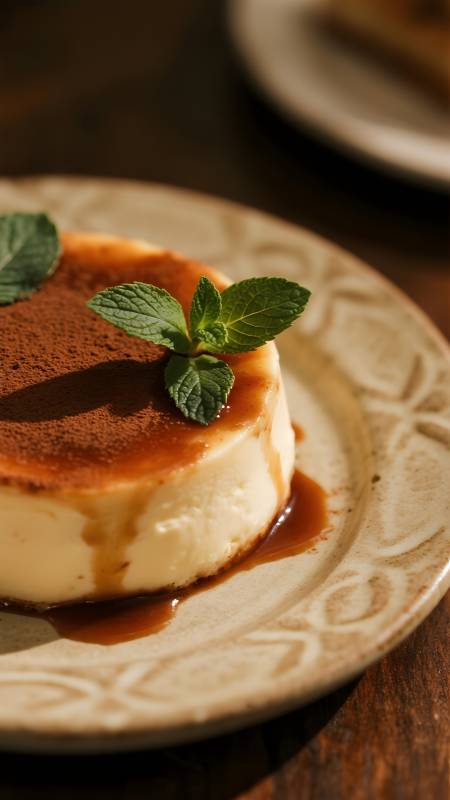 焦糖布丁配薄荷图片