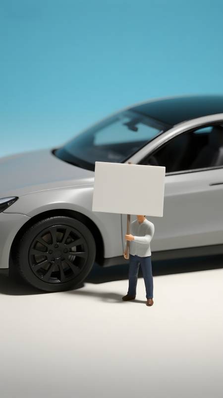 小人举牌立车旁图片