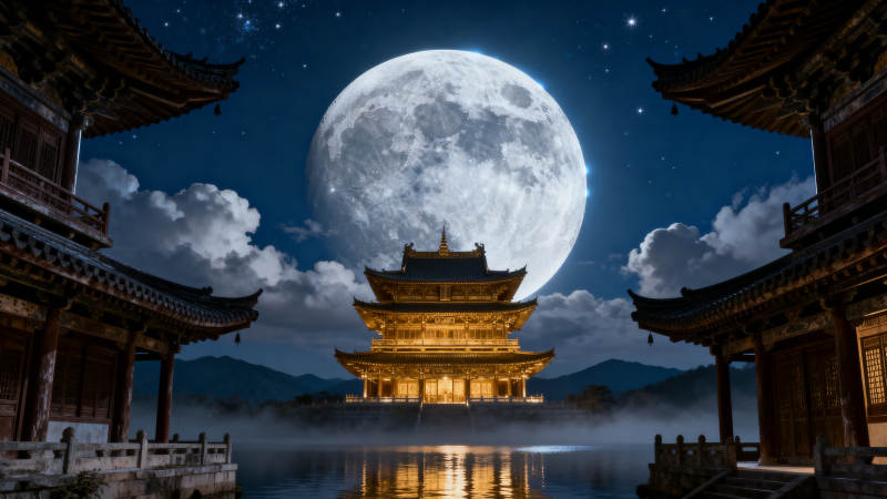 月下古殿映湖光图片