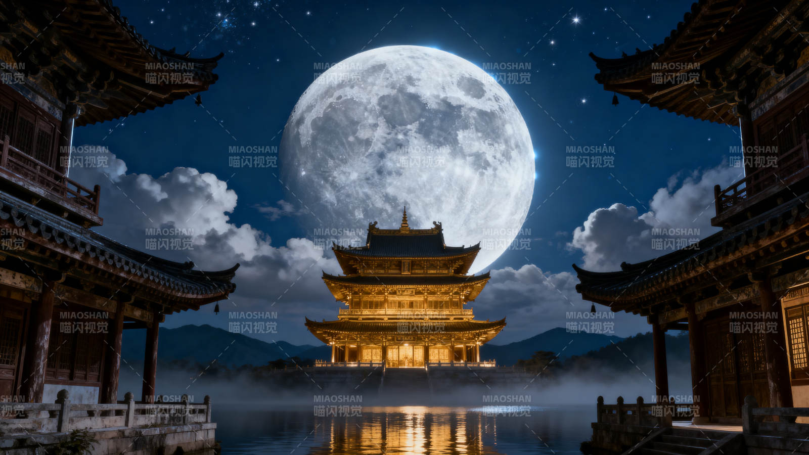 月下古殿映湖光图片