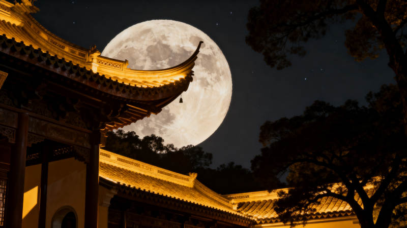 月下古建筑夜景图片