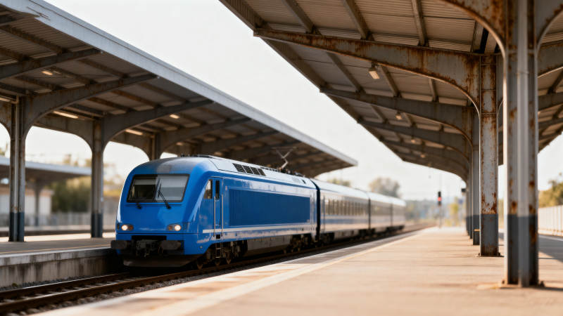 蓝色列车进站图片