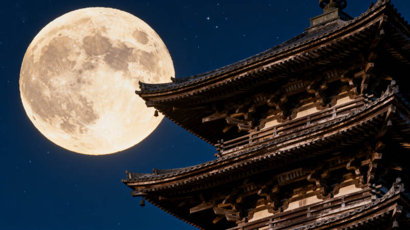 月照古塔夜景图片