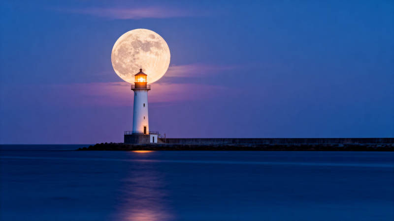 月照灯塔夜景图片