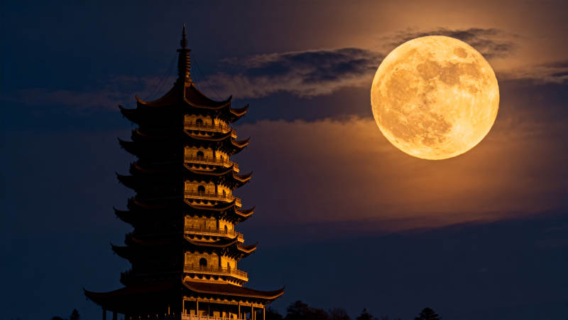 塔影映月夜图片