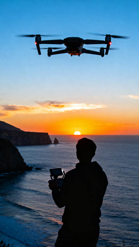 夕阳下无人机飞行图片