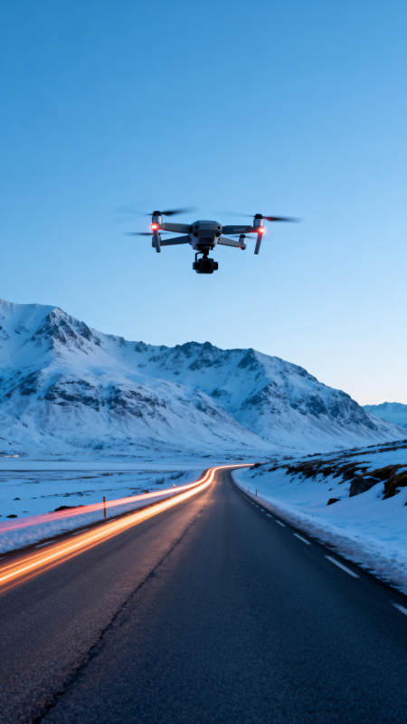 雪原上的无人机飞行图片