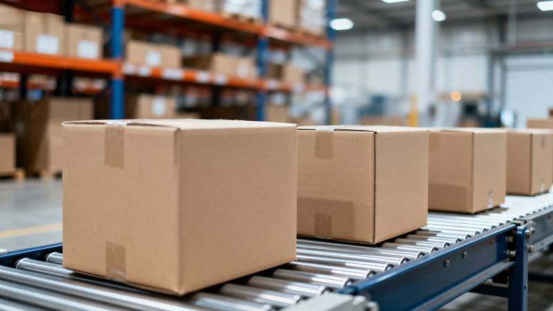仓库传送带上的纸箱图片