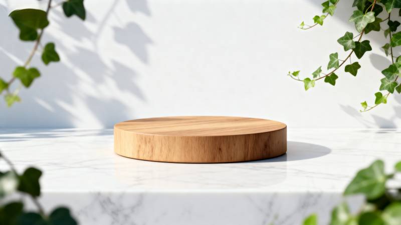 木质圆台绿植环绕图片