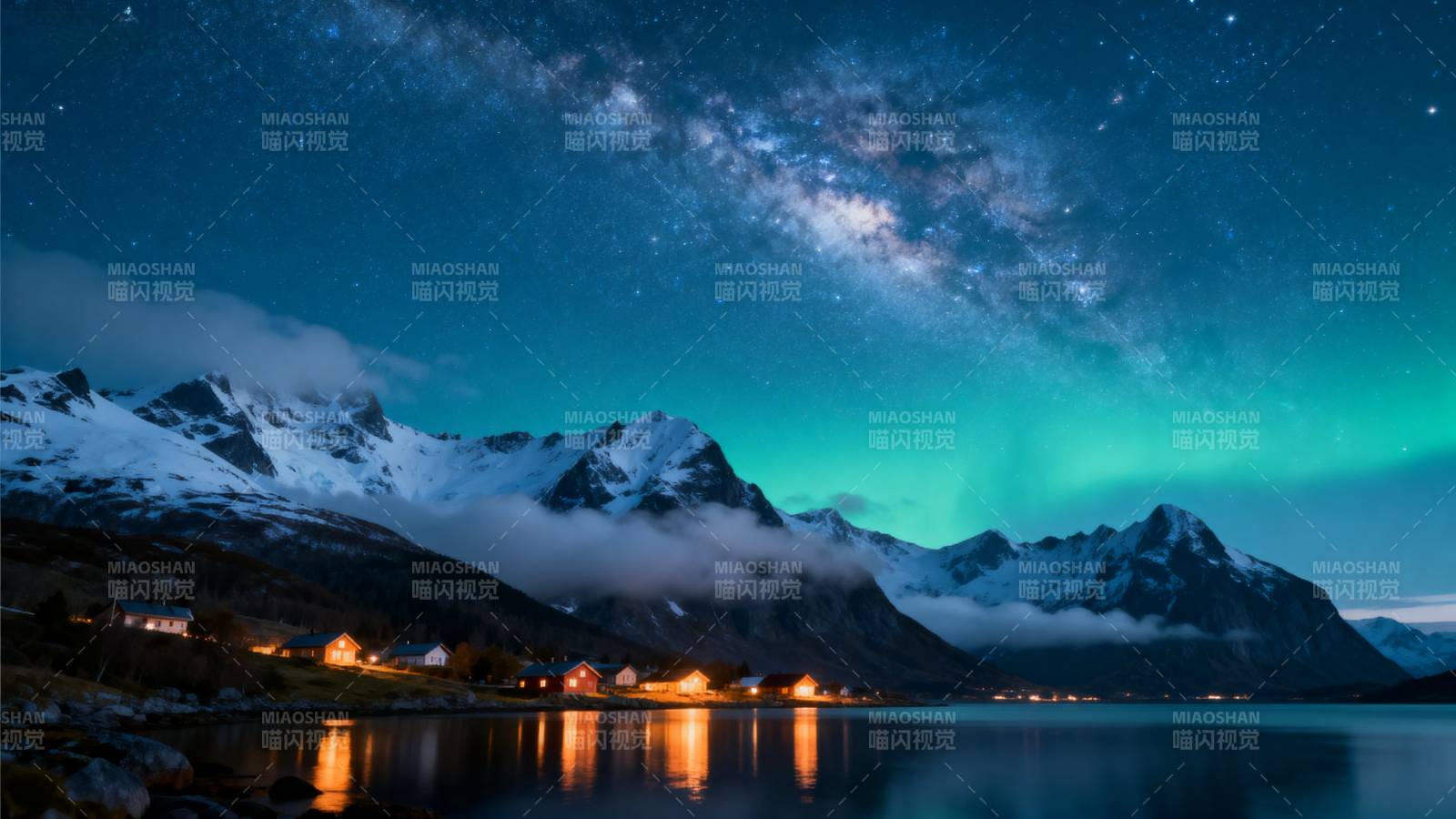 极光映雪山湖夜图片